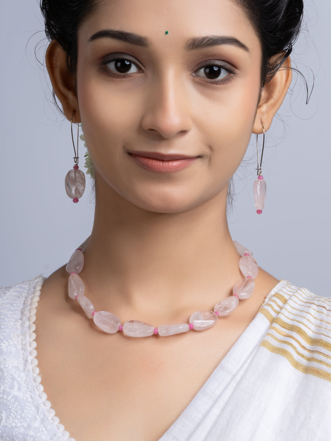Semi Precious Pink Rose Quartz Jade Necklace Set With Earrings