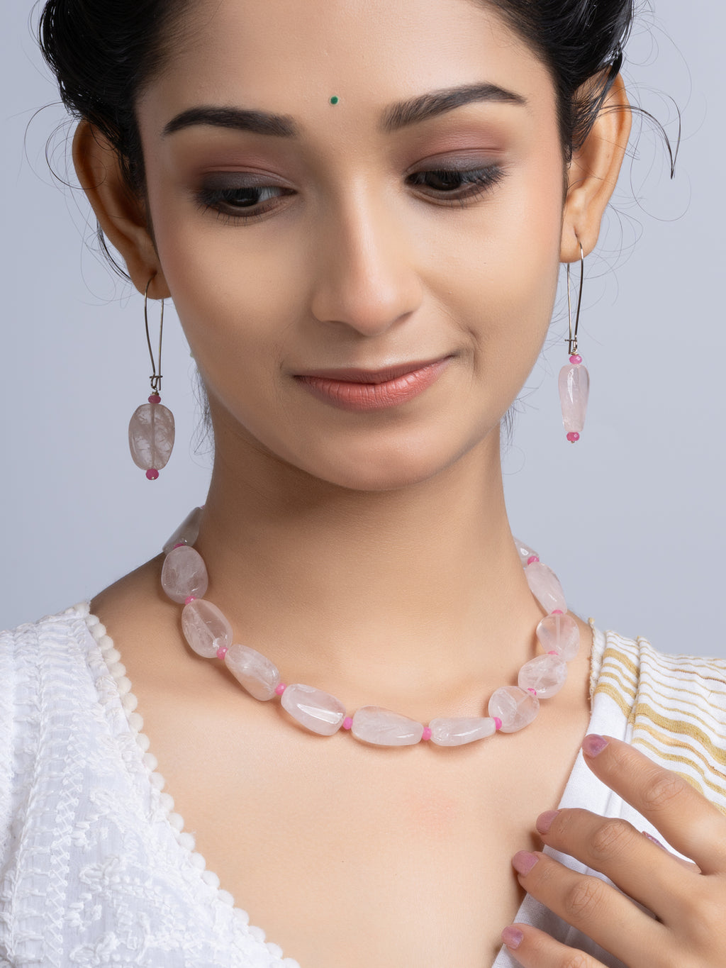 Semi Precious Pink Rose Quartz Jade Necklace Set With Earrings
