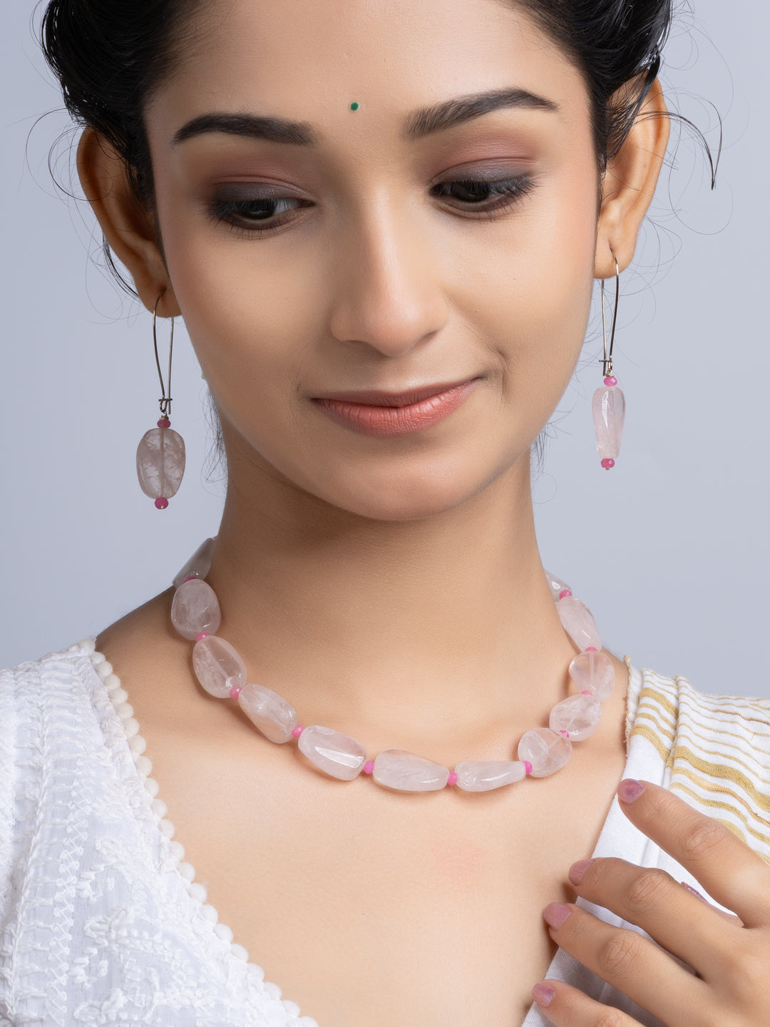 Semi Precious Pink Rose Quartz Jade Necklace Set With Earrings