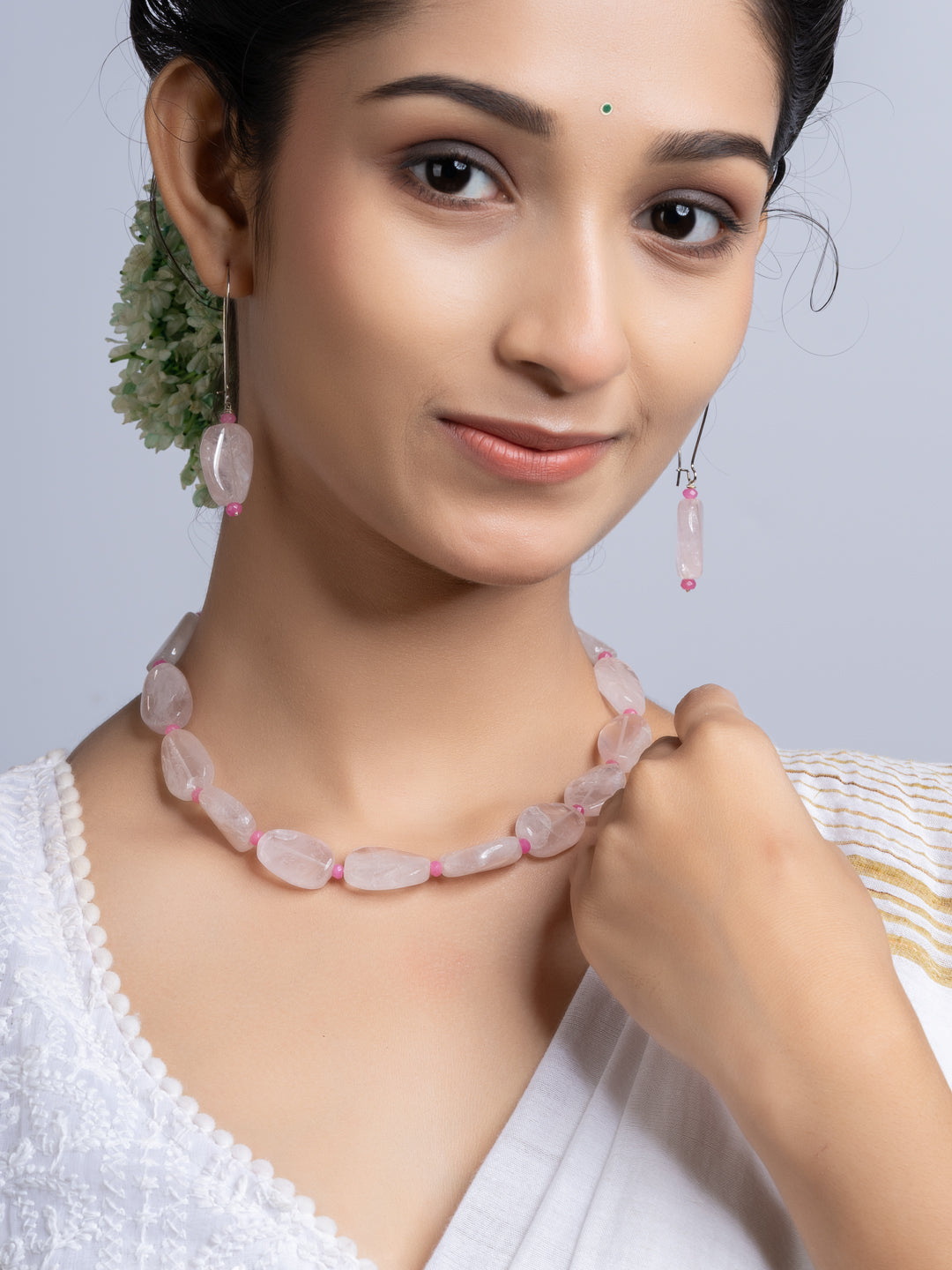 Semi Precious Pink Rose Quartz Jade Necklace Set With Earrings