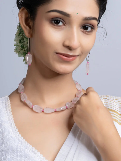 Semi Precious Pink Rose Quartz Jade Necklace Set With Earrings LOOK AND ADORN - designed for you