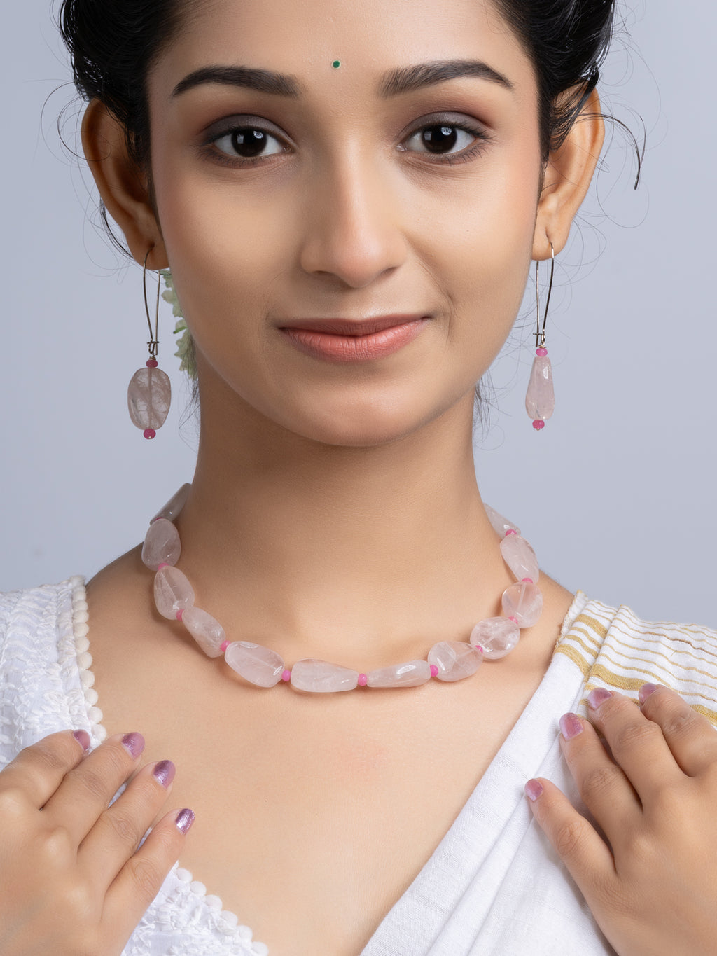 Semi Precious Pink Rose Quartz Jade Necklace Set With Earrings