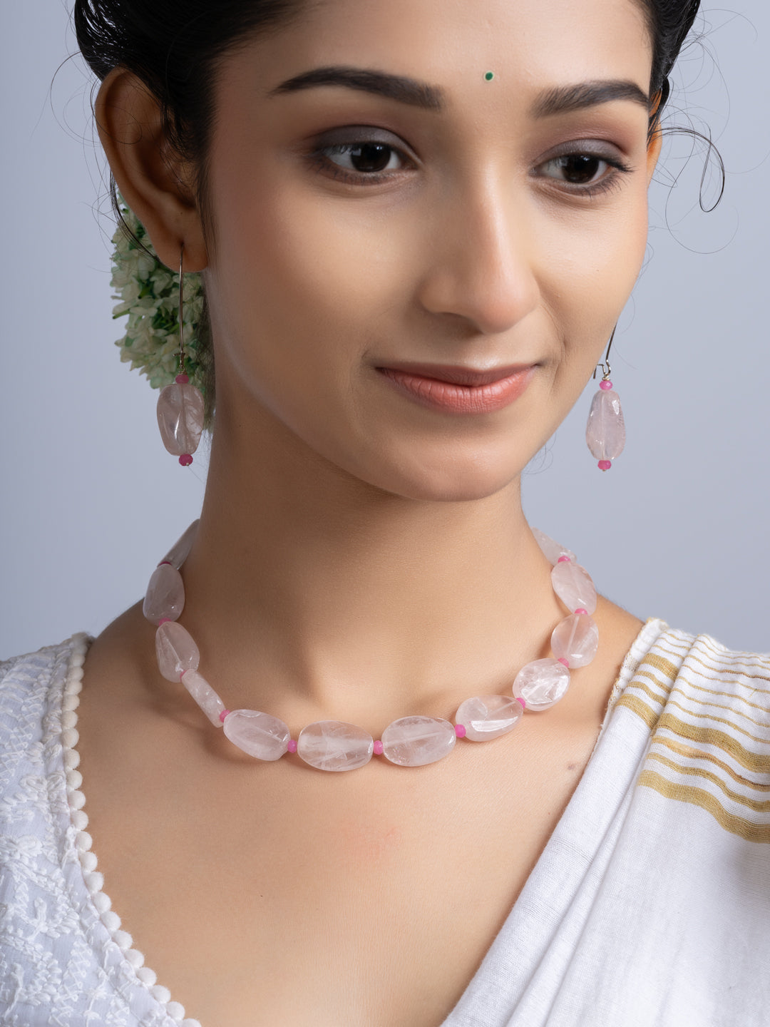 Semi Precious Pink Rose Quartz Jade Necklace Set With Earrings
