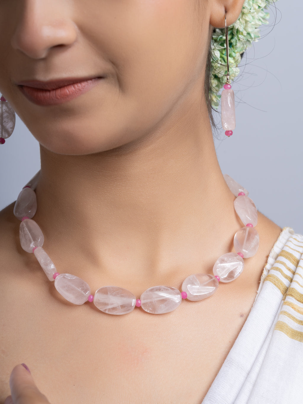 Semi Precious Pink Rose Quartz Jade Necklace Set With Earrings
