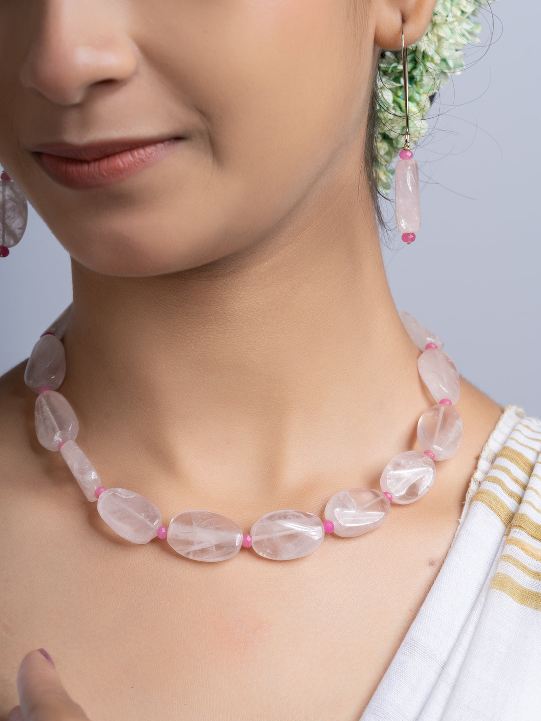 Semi Precious Pink Rose Quartz Jade Necklace Set With Earrings