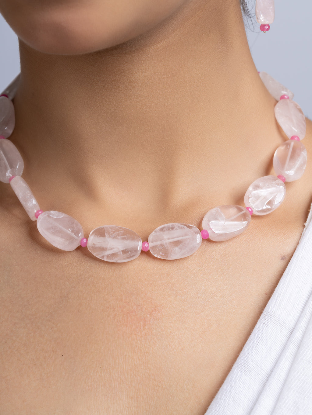 Semi Precious Pink Rose Quartz Jade Necklace Set With Earrings