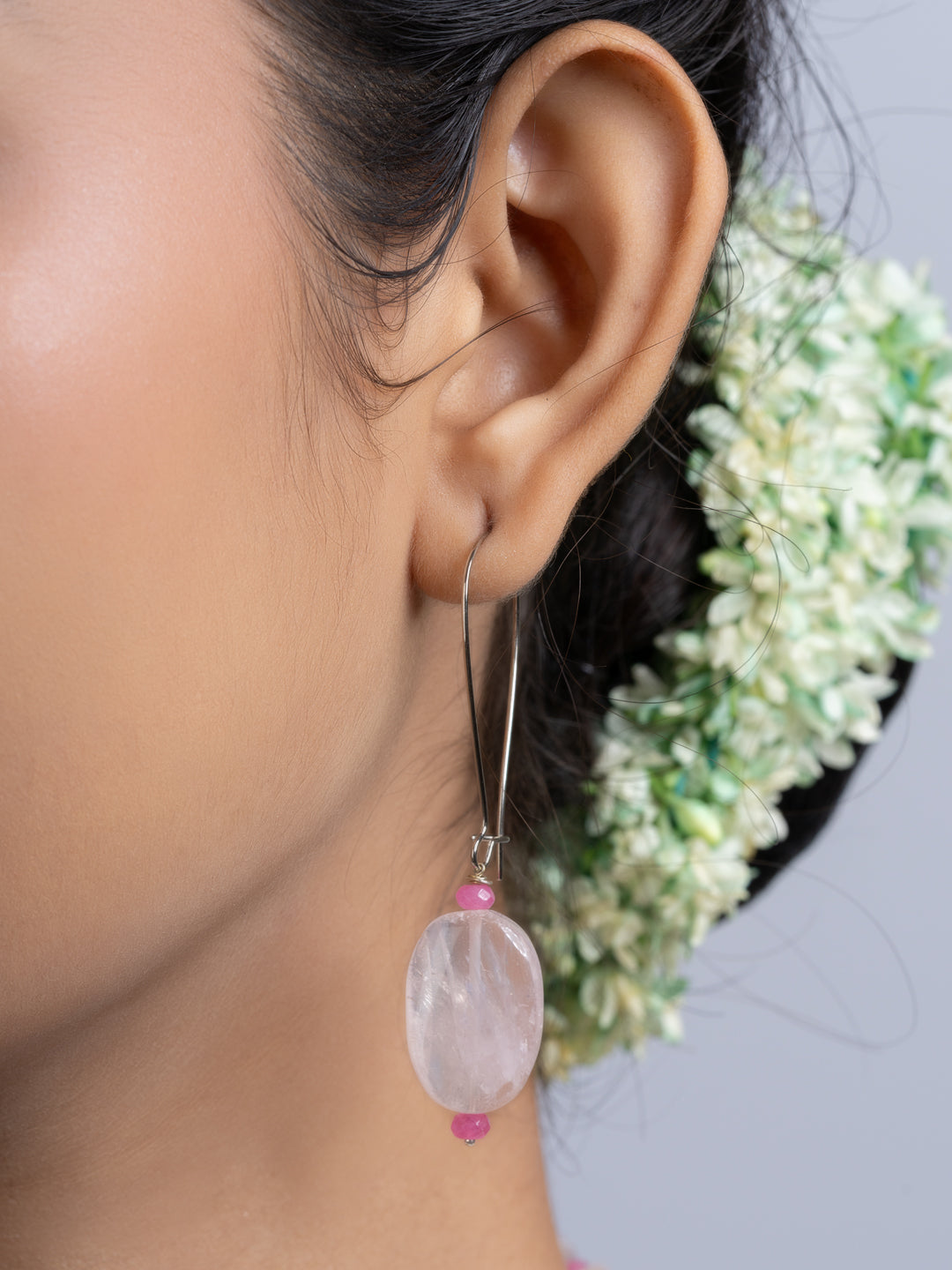 Semi Precious Pink Rose Quartz Jade Necklace Set With Earrings