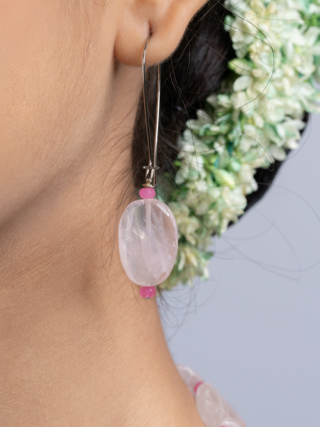 Semi Precious Pink Rose Quartz Jade Necklace Set With Earrings