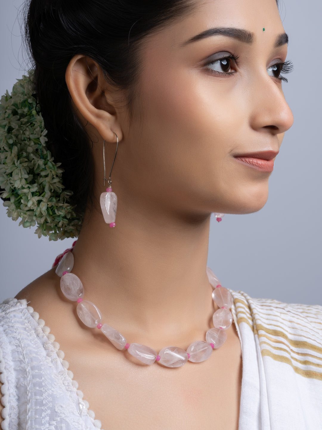 Semi Precious Pink Rose Quartz Jade Necklace Set With Earrings