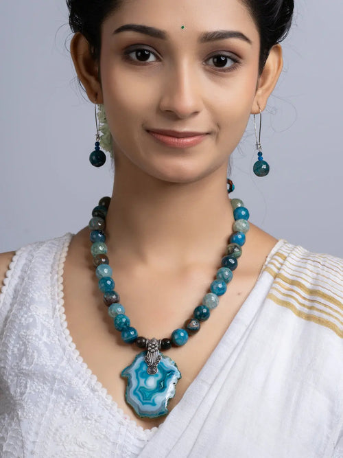 Semi Precious Peacock Blue Agate Quartz Necklace Set With Earrings LOOK AND ADORN - designed for you