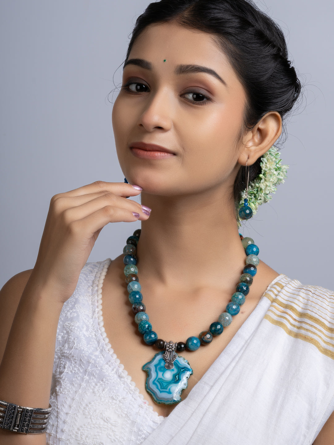 Semi Precious Peacock Blue Agate Quartz Necklace Set With Earrings