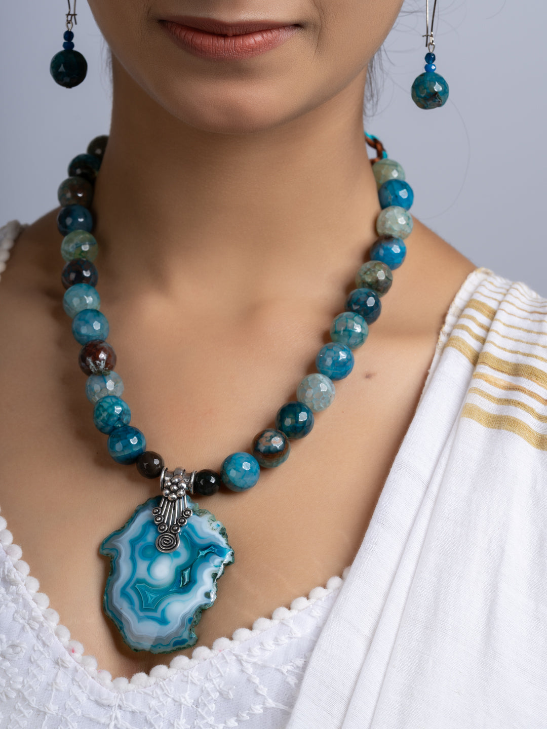 Semi Precious Peacock Blue Agate Quartz Necklace Set With Earrings