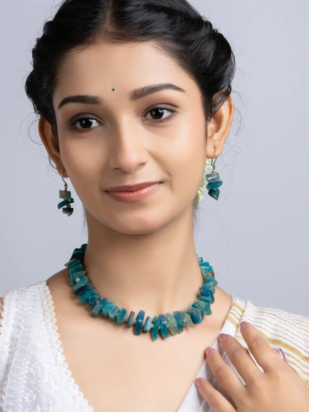 Semi Precious Blue Agate Quartz Necklace Set With Earrings LOOK AND ADORN - designed for you
