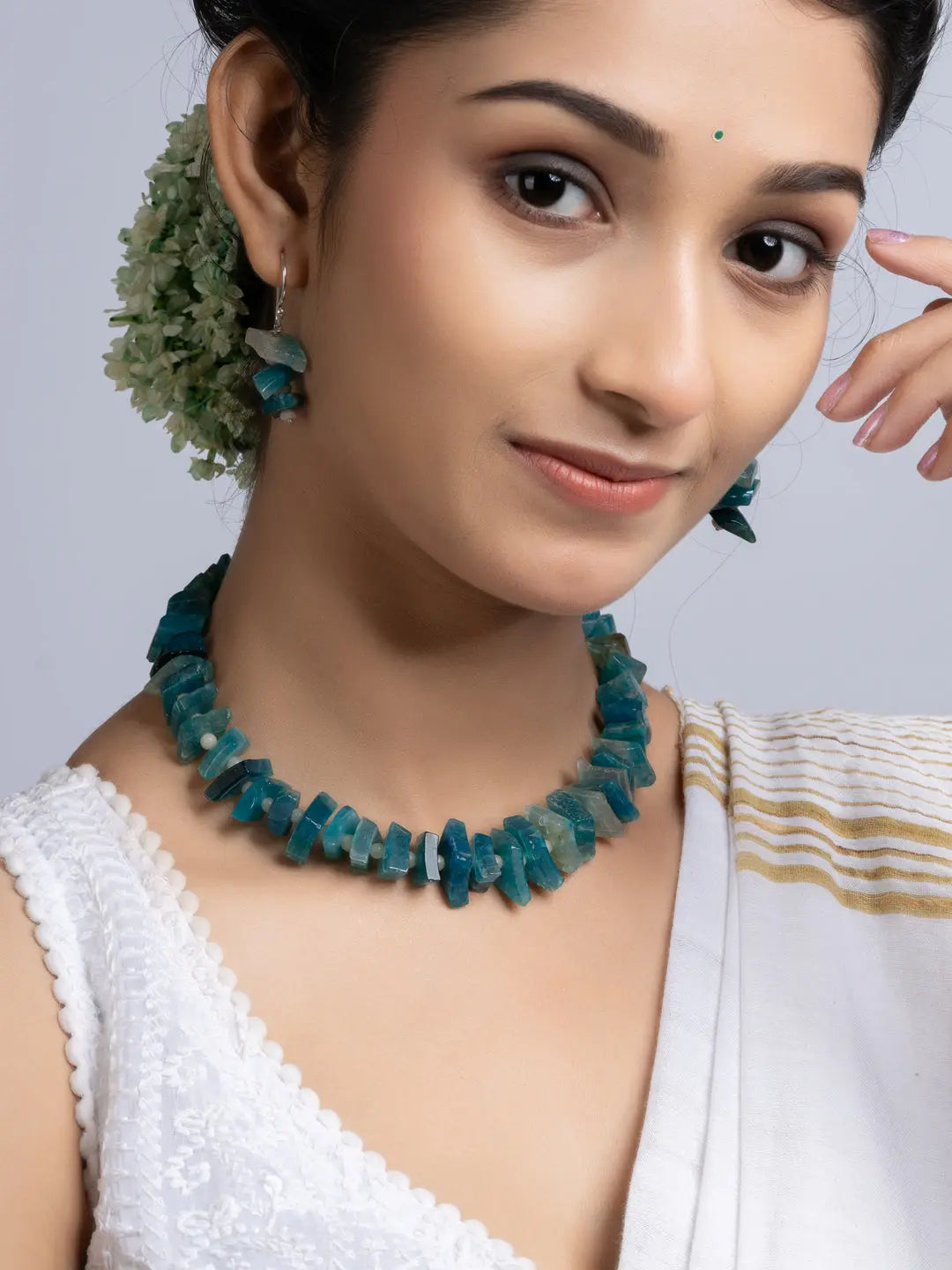 Semi Precious Blue Agate Quartz Necklace Set With Earrings LOOK AND ADORN - designed for you