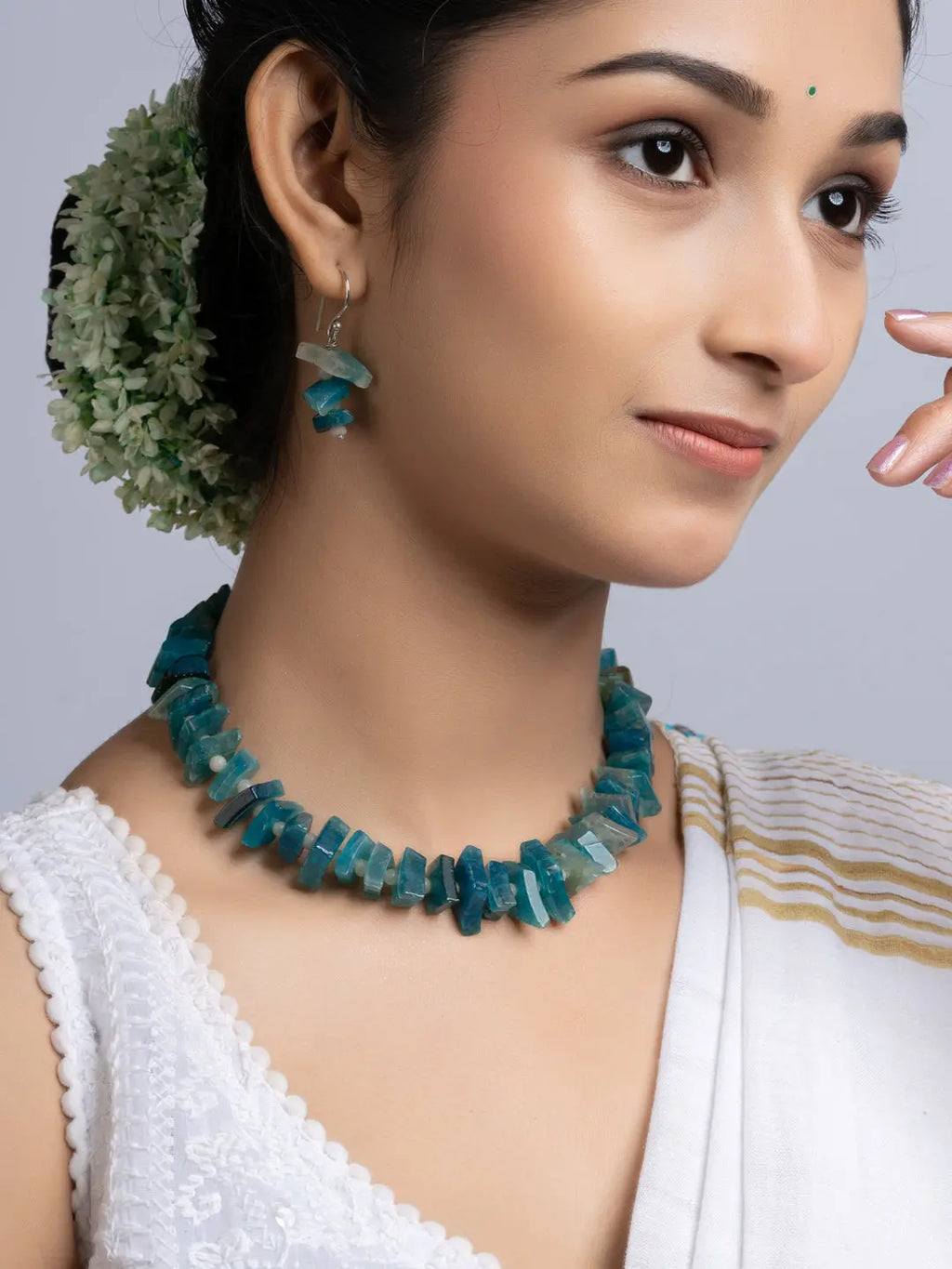 Semi Precious Blue Agate Quartz Necklace Set With Earrings LOOK AND ADORN - designed for you