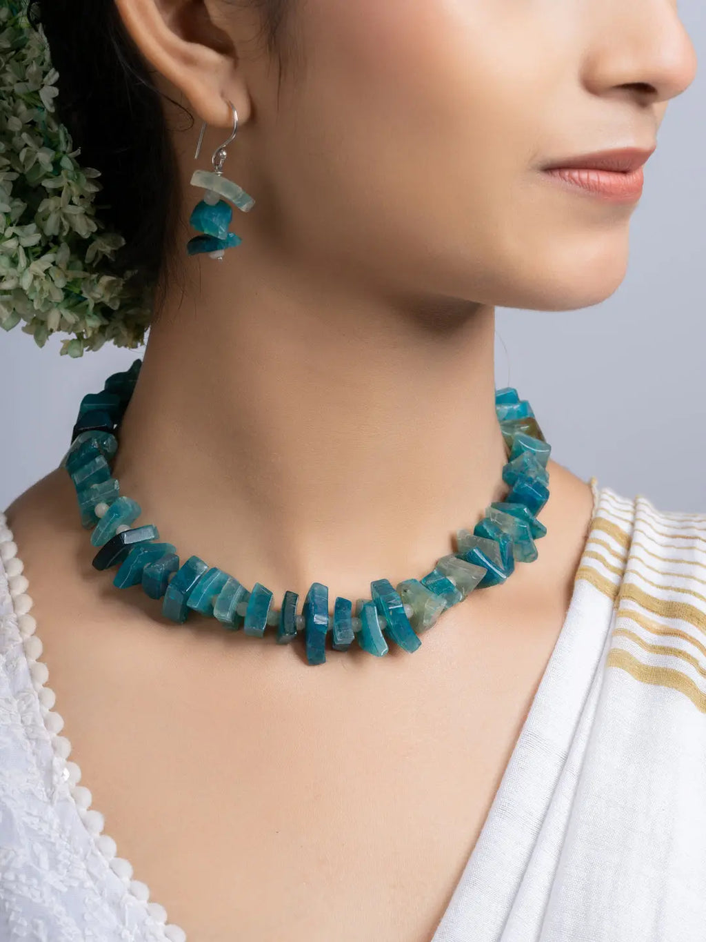 Semi Precious Blue Agate Quartz Necklace Set With Earrings LOOK AND ADORN - designed for you
