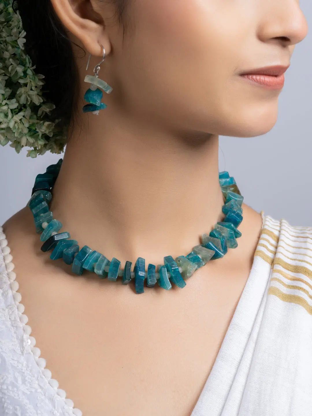 Semi Precious Blue Agate Quartz Necklace Set With Earrings LOOK AND ADORN - designed for you