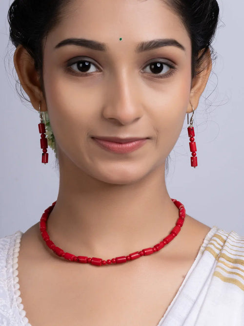 Semi Precious Red Coral Necklace Set With Earrings LOOK AND ADORN - designed for you