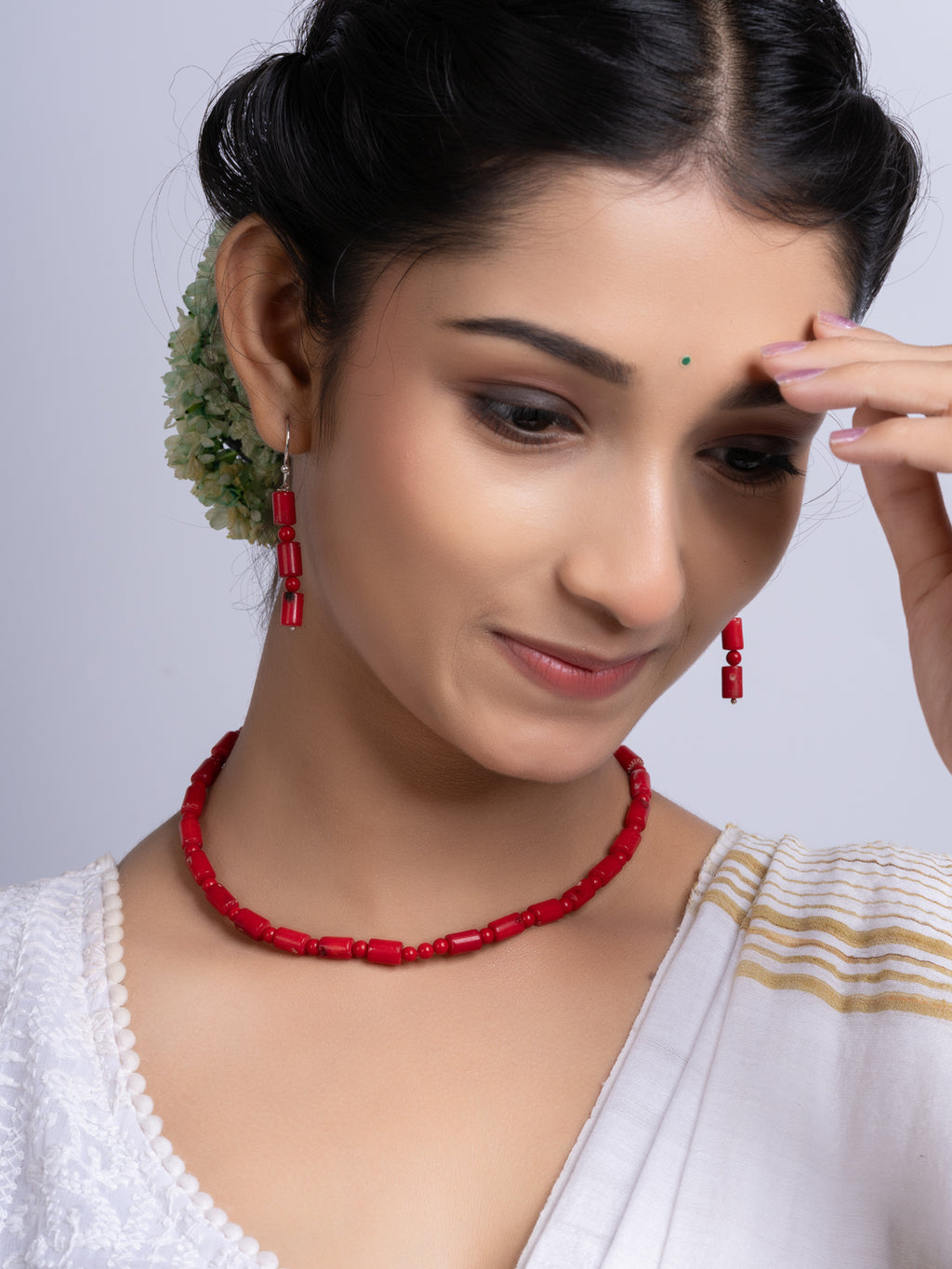 Semi Precious Red Coral Necklace Set With Earrings