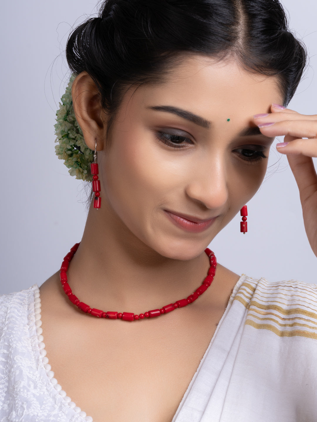 Semi Precious Red Coral Necklace Set With Earrings