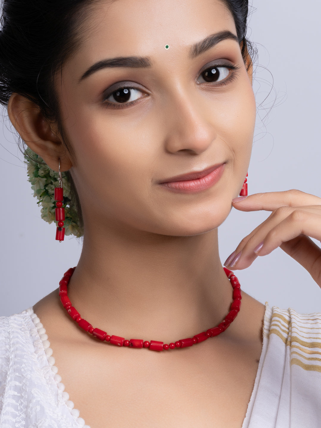 Semi Precious Red Coral Necklace Set With Earrings