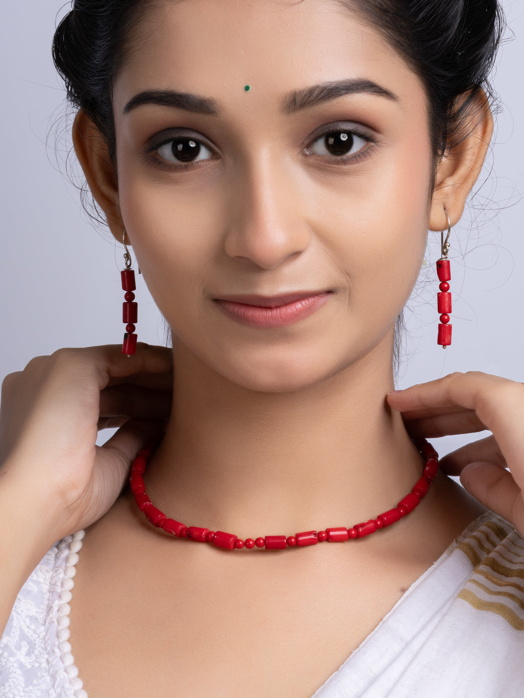 Semi Precious Red Coral Necklace Set With Earrings