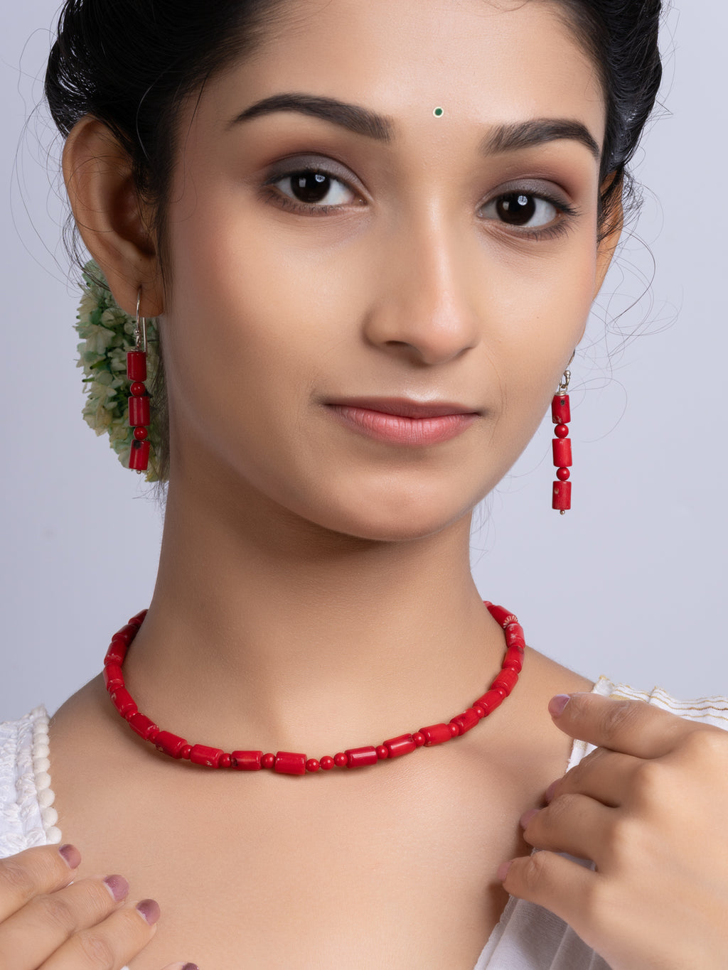 Semi Precious Red Coral Necklace Set With Earrings