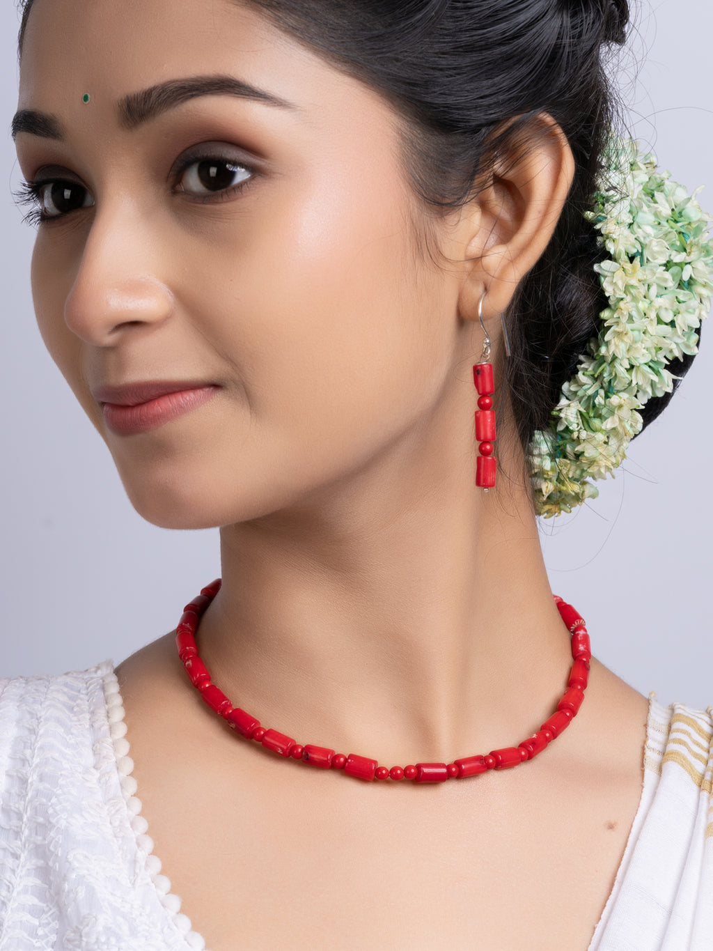 Semi Precious Red Coral Necklace Set With Earrings