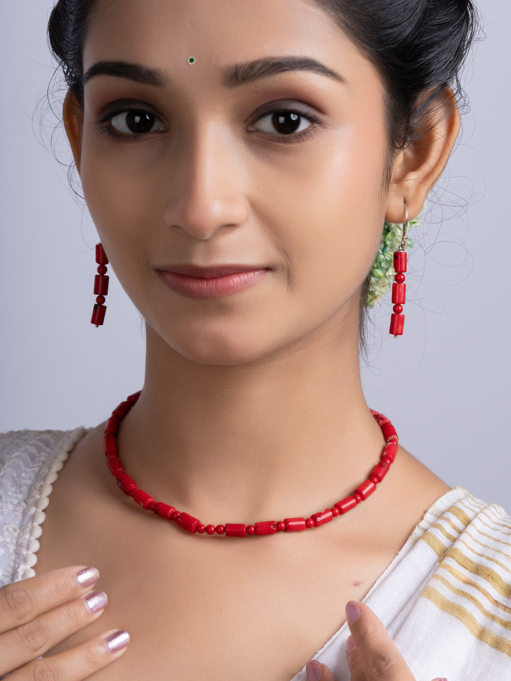Semi Precious Red Coral Necklace Set With Earrings