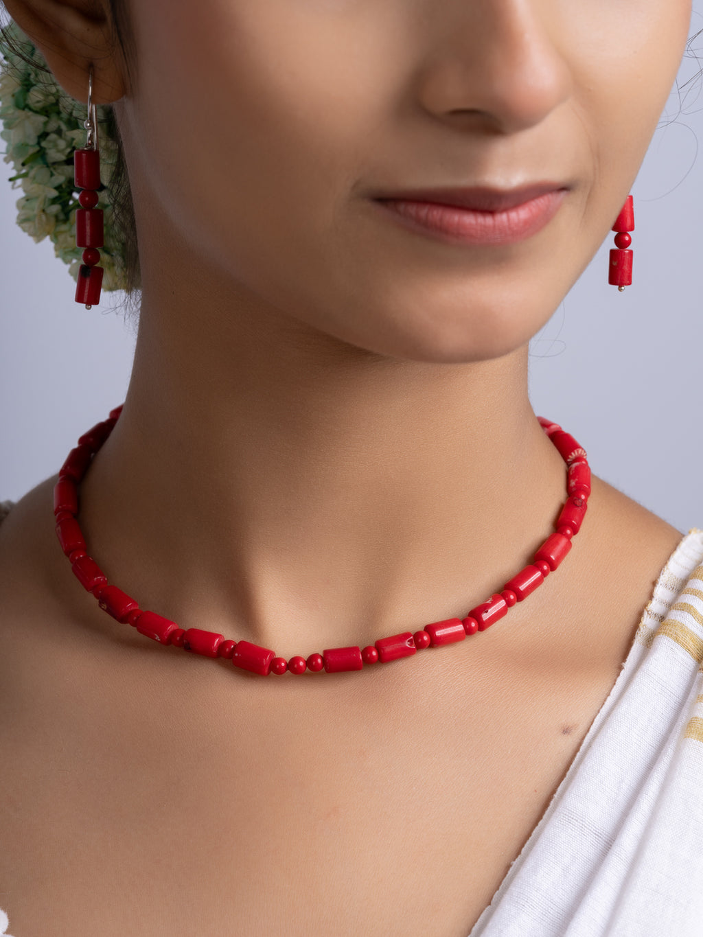 Semi Precious Red Coral Necklace Set With Earrings