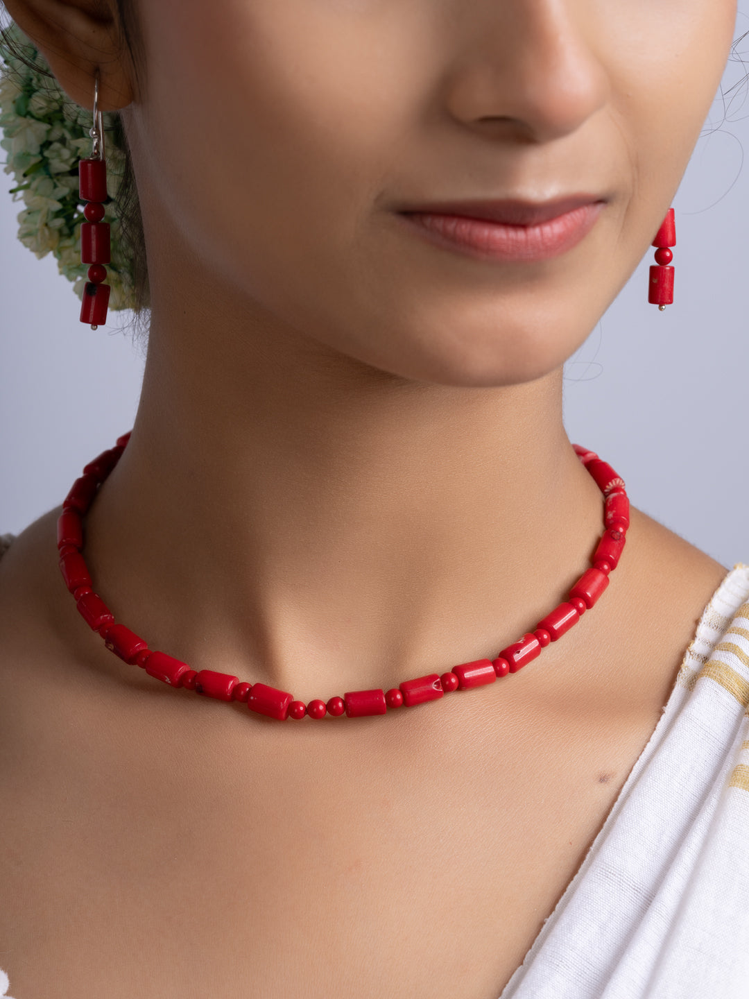 Semi Precious Red Coral Necklace Set With Earrings