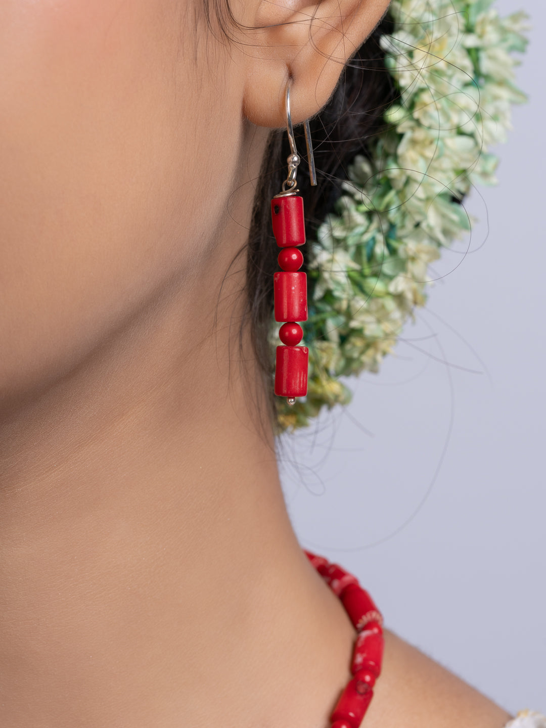 Semi Precious Red Coral Necklace Set With Earrings