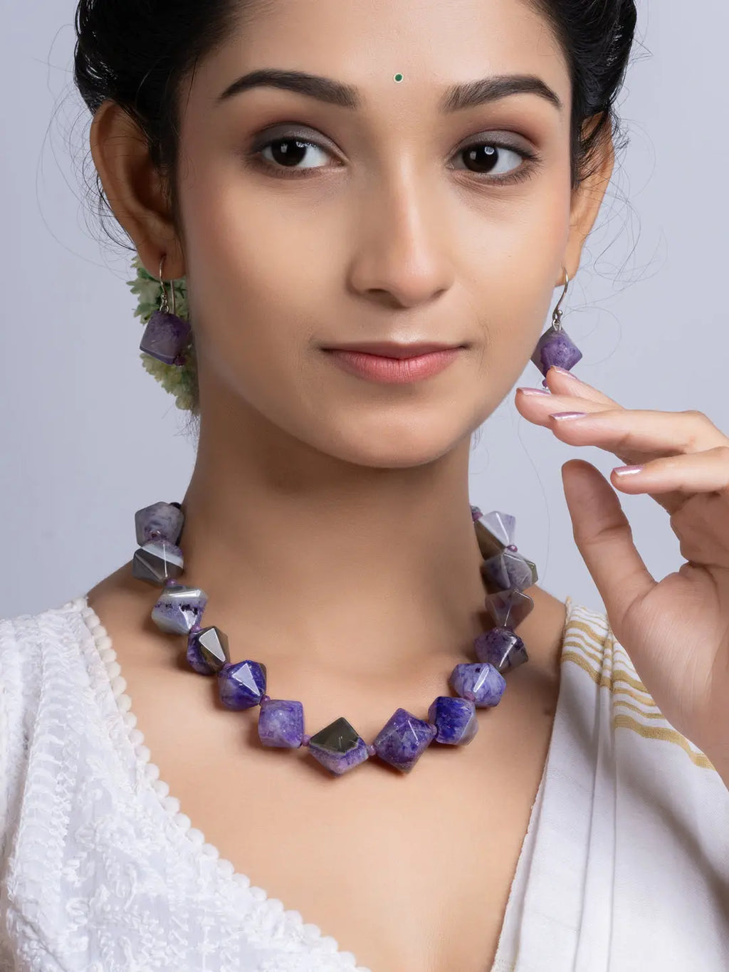 Semi Precious Purple Agate Quartz Necklace Set With Earrings LOOK AND ADORN - designed for you