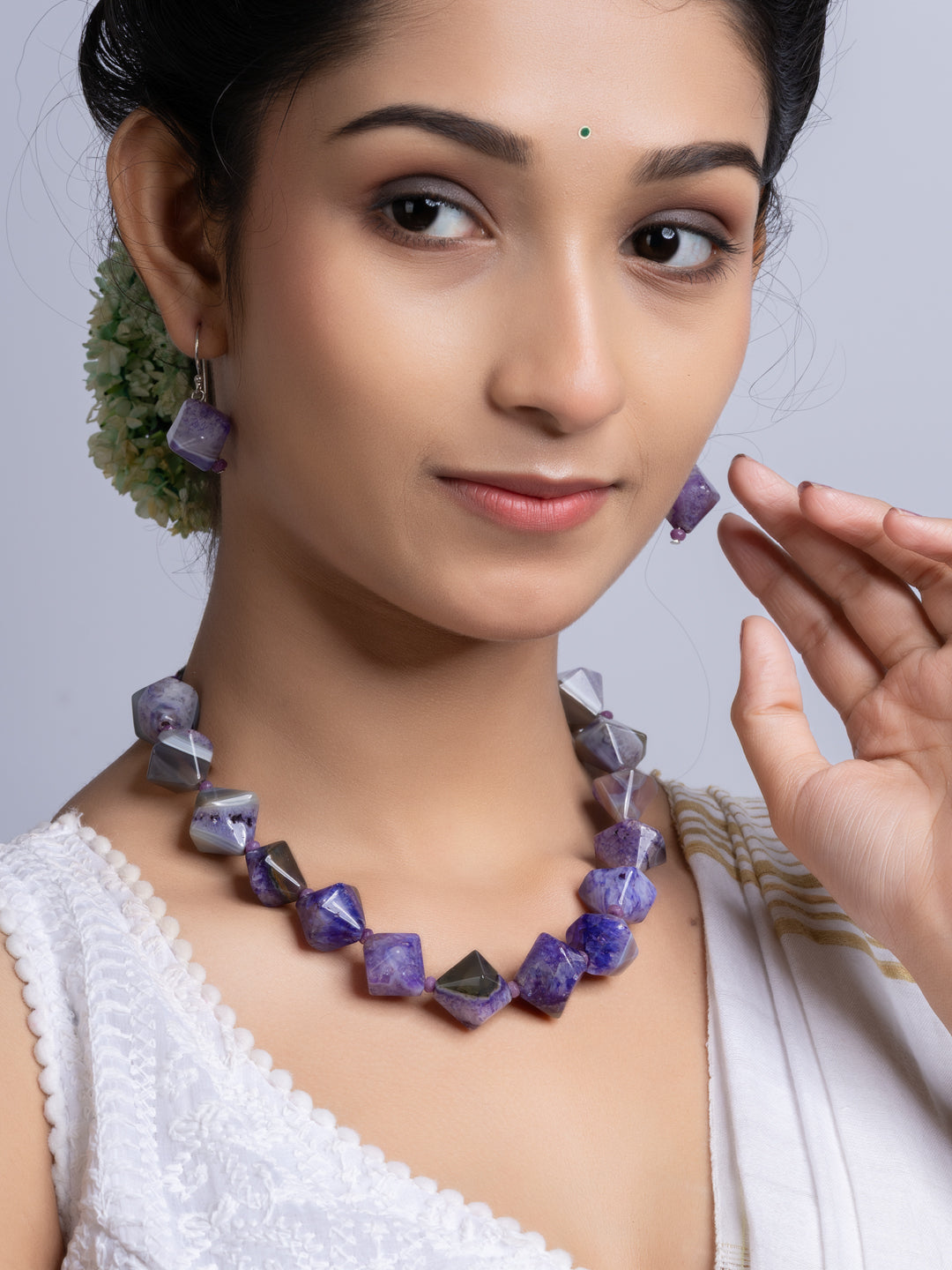 Semi Precious Purple Agate Quartz Necklace Set With Earrings