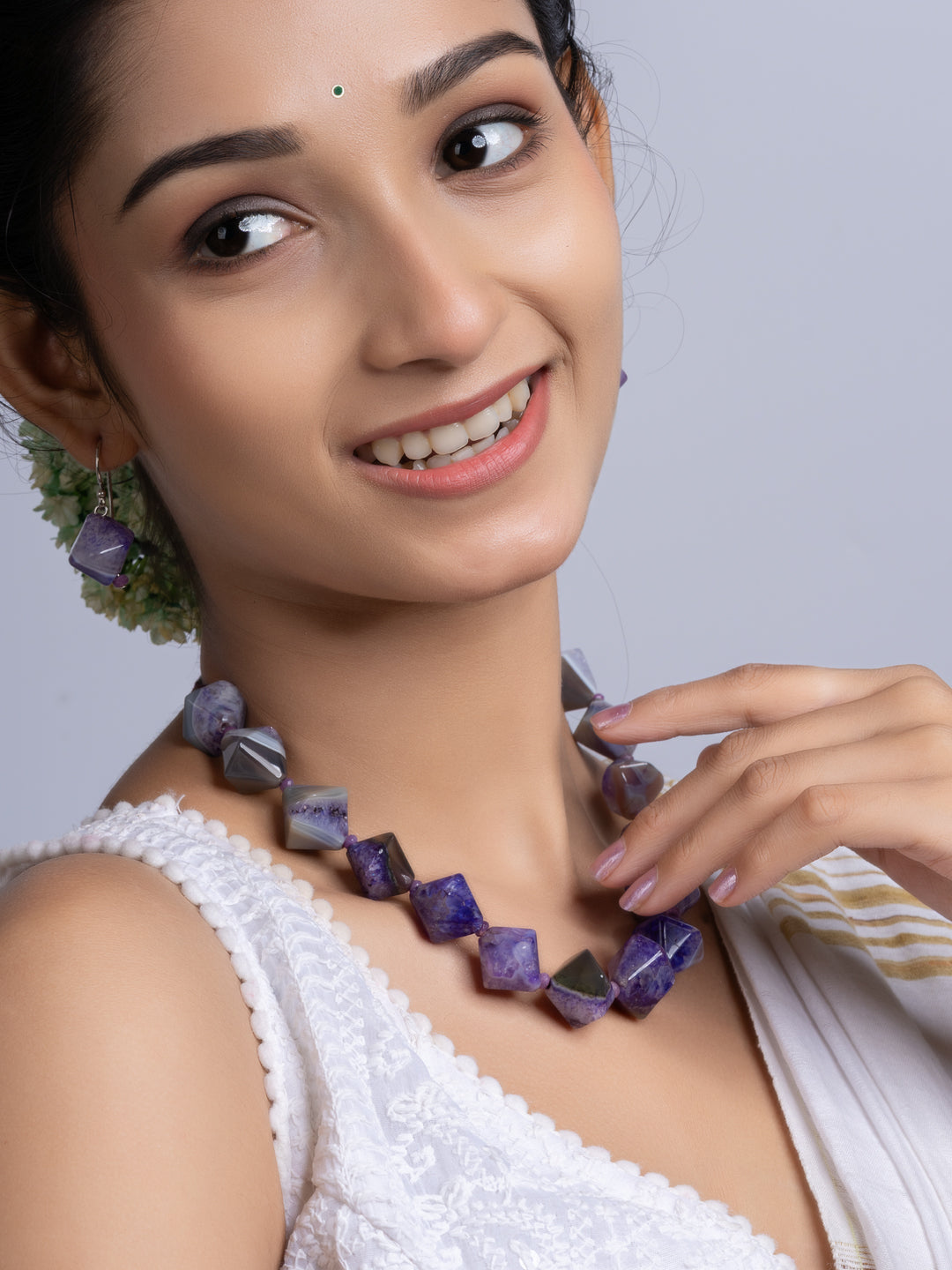 Semi Precious Purple Agate Quartz Necklace Set With Earrings