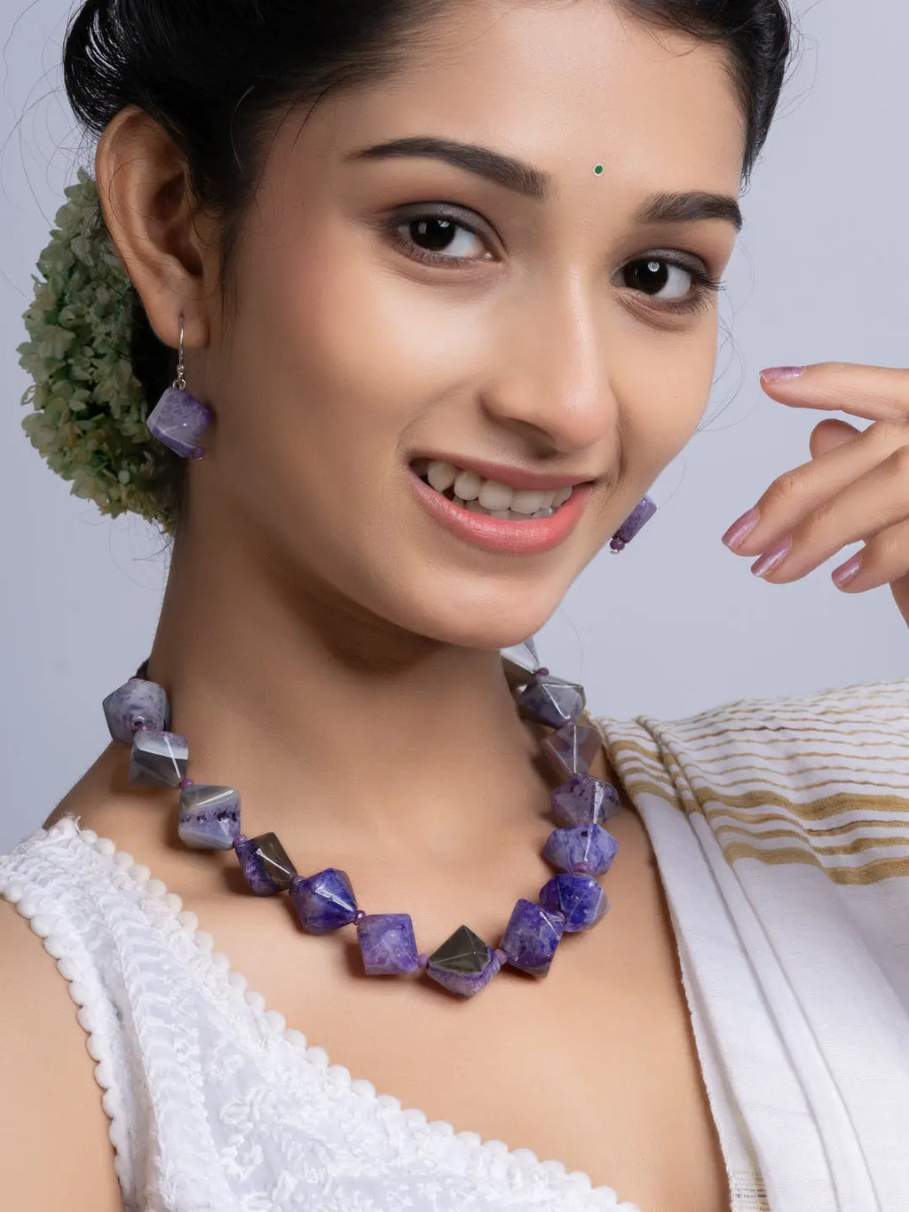 Semi Precious Purple Agate Quartz Necklace Set With Earrings LOOK AND ADORN - designed for you