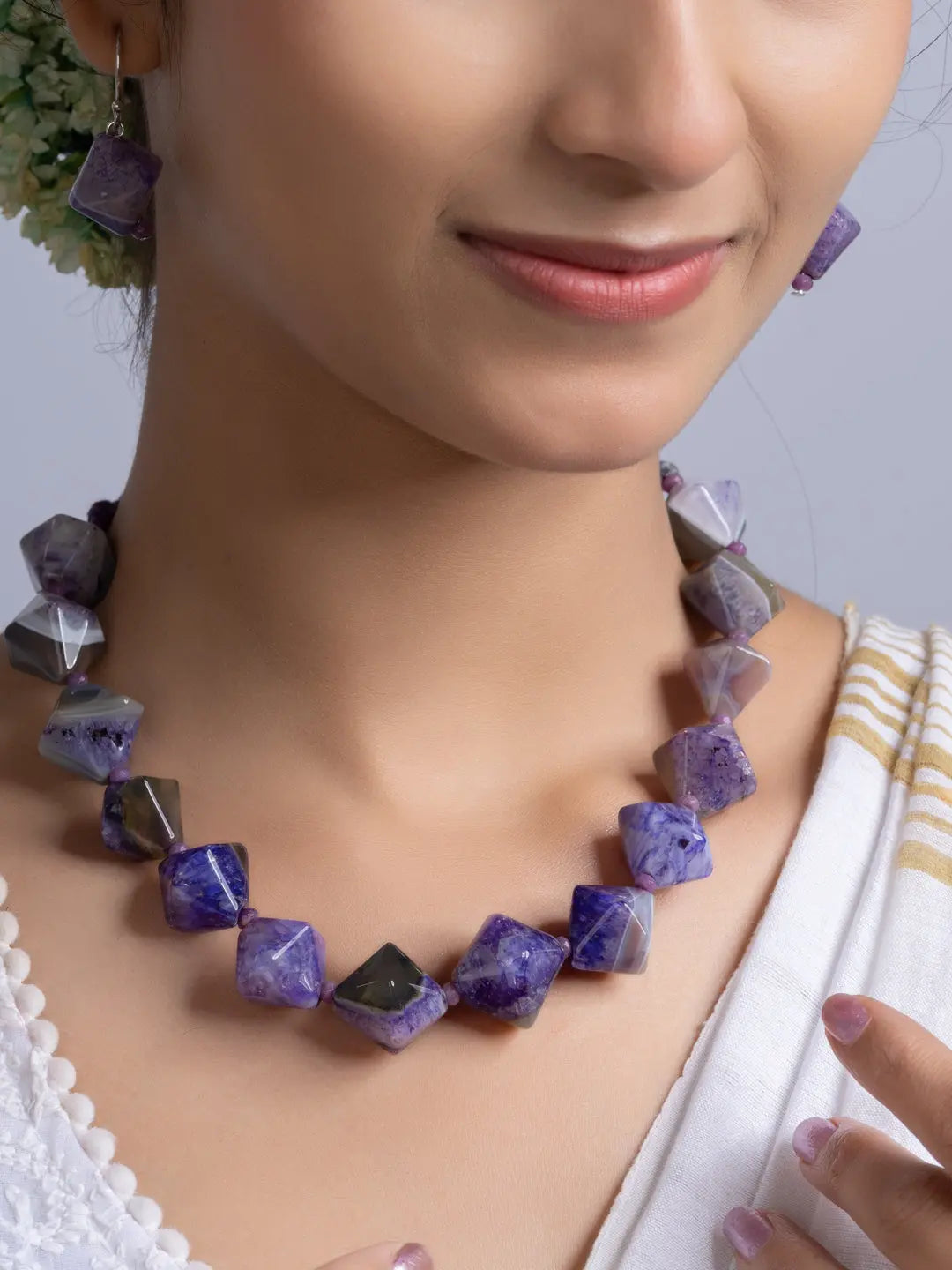 Semi Precious Purple Agate Quartz Necklace Set With Earrings LOOK AND ADORN - designed for you