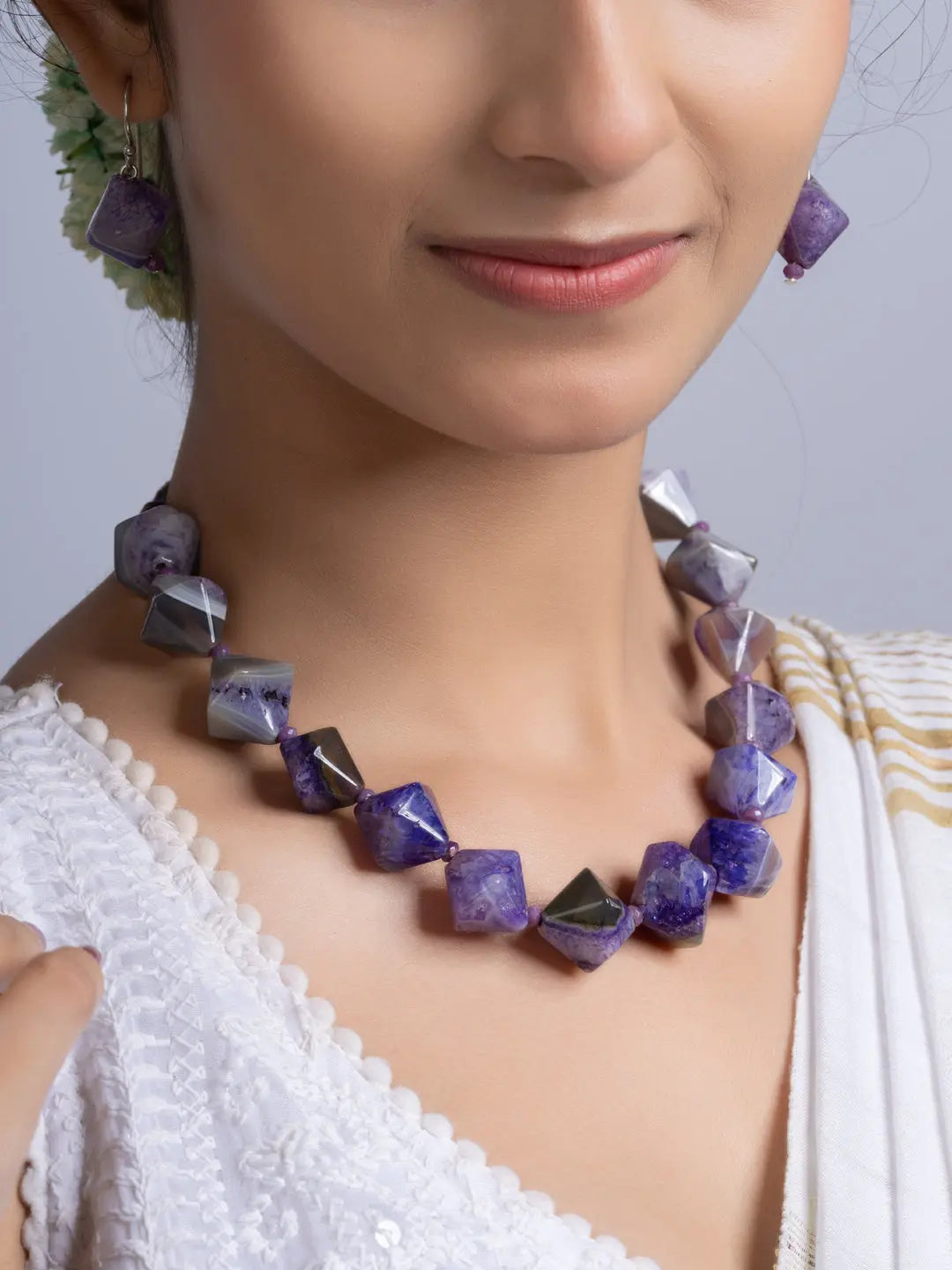 Semi Precious Purple Agate Quartz Necklace Set With Earrings LOOK AND ADORN - designed for you