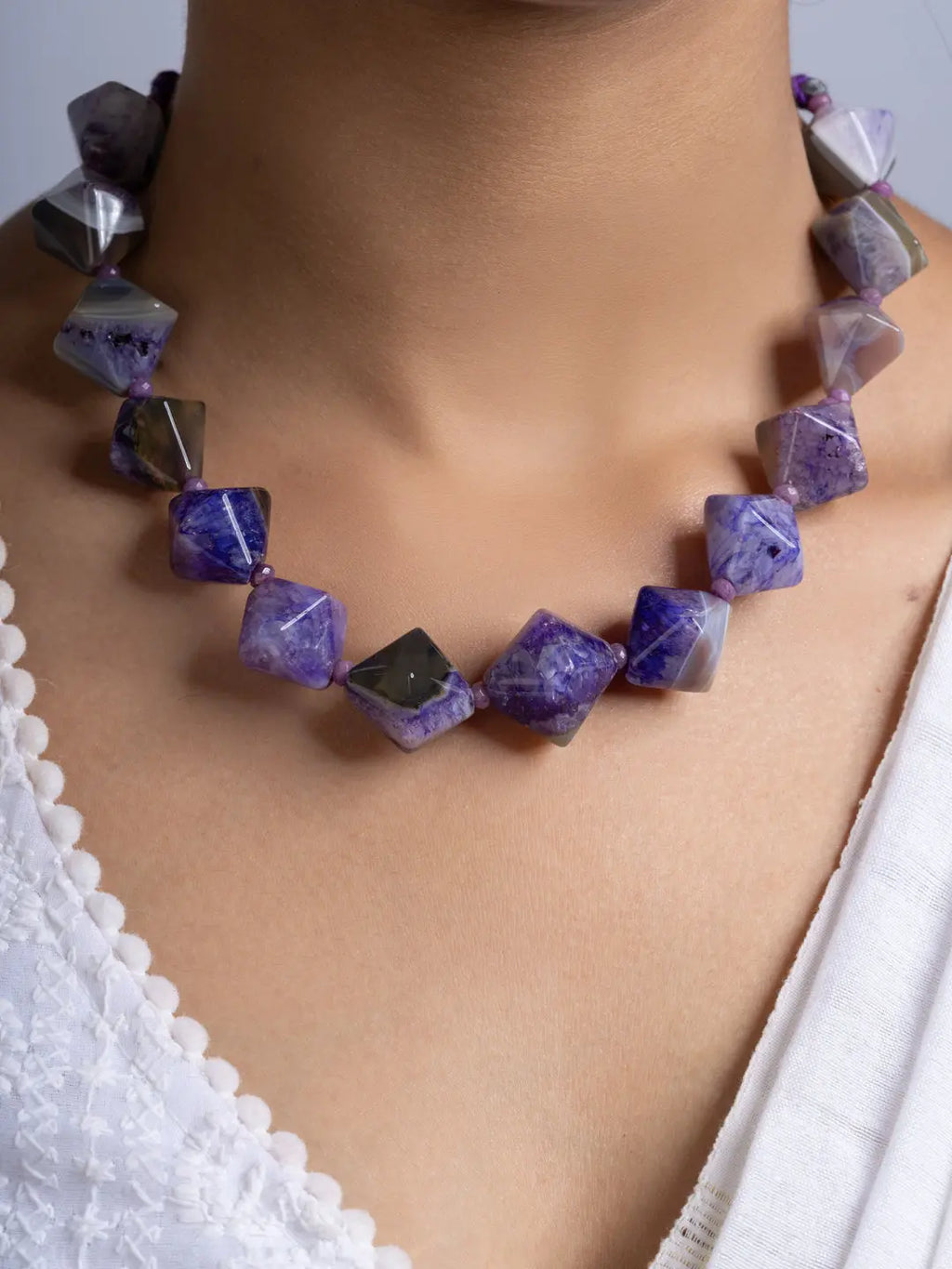 Semi Precious Purple Agate Quartz Necklace Set With Earrings LOOK AND ADORN - designed for you