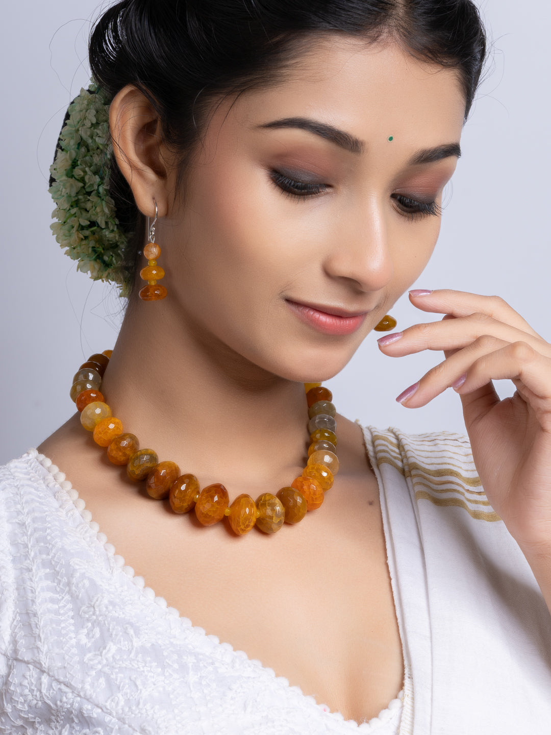 Semi Precious Orange Onyx Necklace Set With Earrings