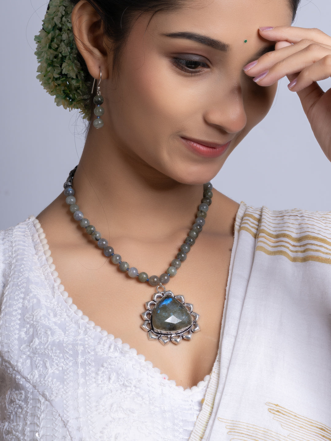 Semi Precious Grey Labradorite Necklace Set With Earrings