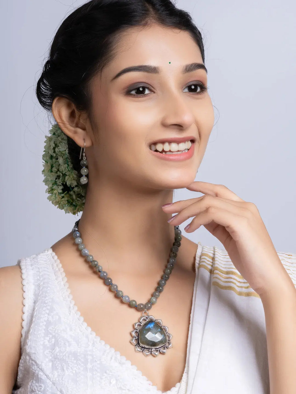 Semi Precious Grey Labradorite Necklace Set With Earrings LOOK AND ADORN - designed for you