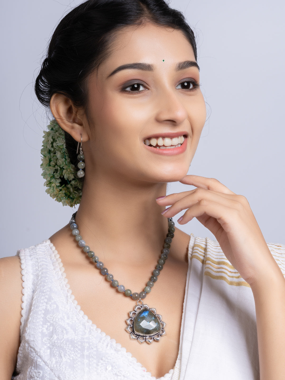 Semi Precious Grey Labradorite Necklace Set With Earrings