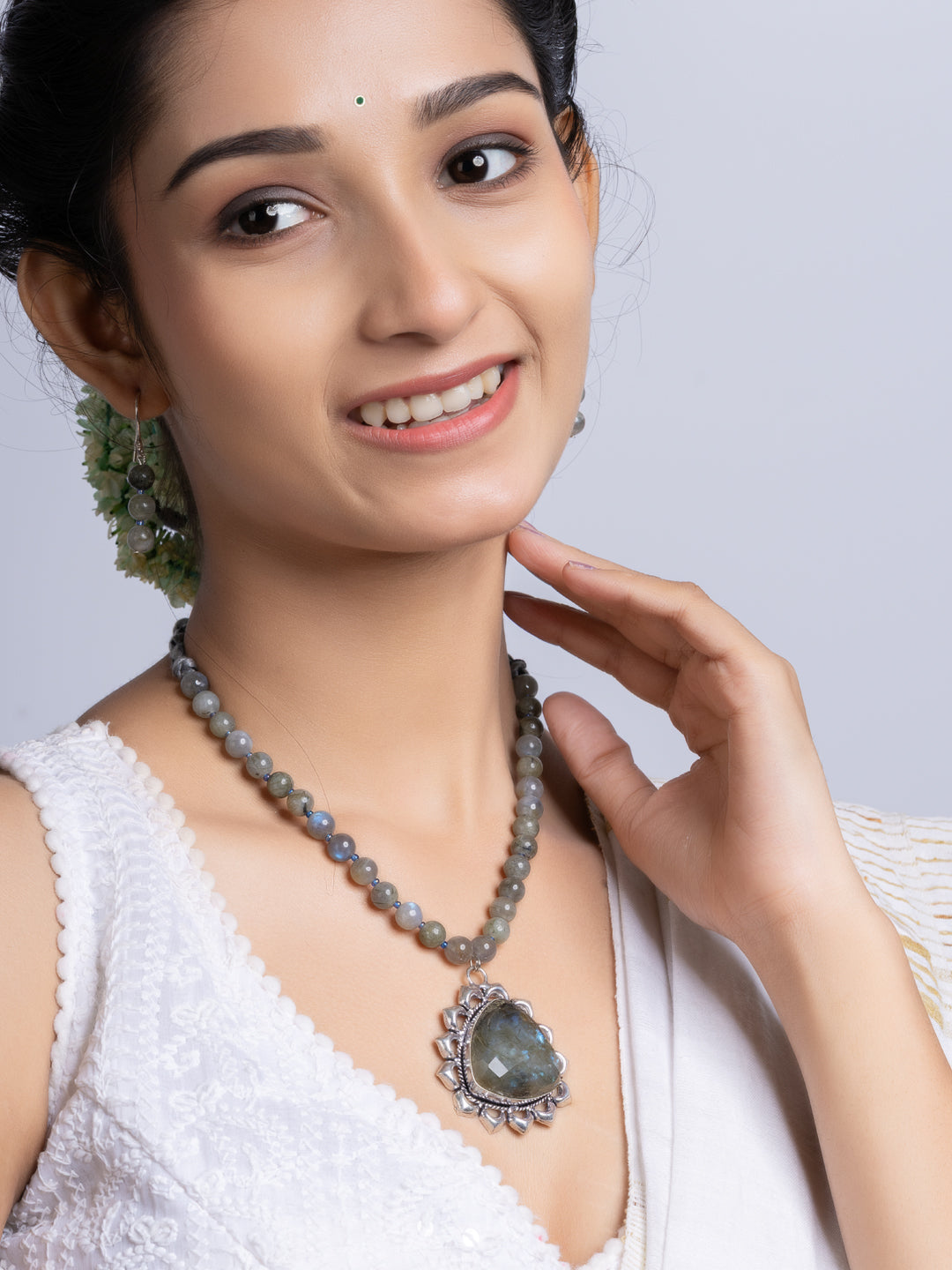 Semi Precious Grey Labradorite Necklace Set With Earrings