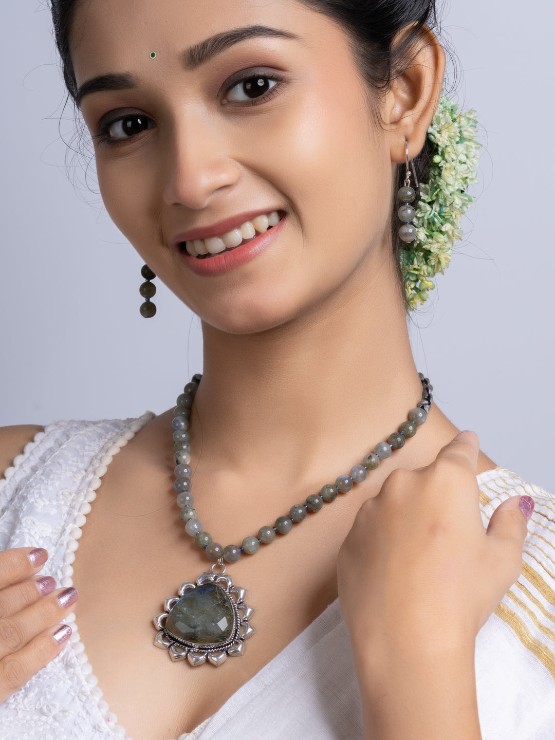 Semi Precious Grey Labradorite Necklace Set With Earrings