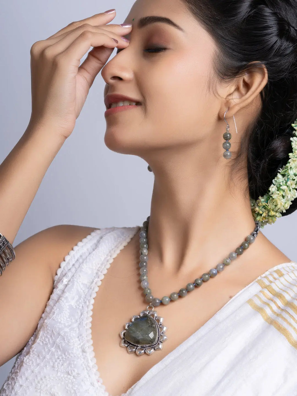 Semi Precious Grey Labradorite Necklace Set With Earrings LOOK AND ADORN - designed for you