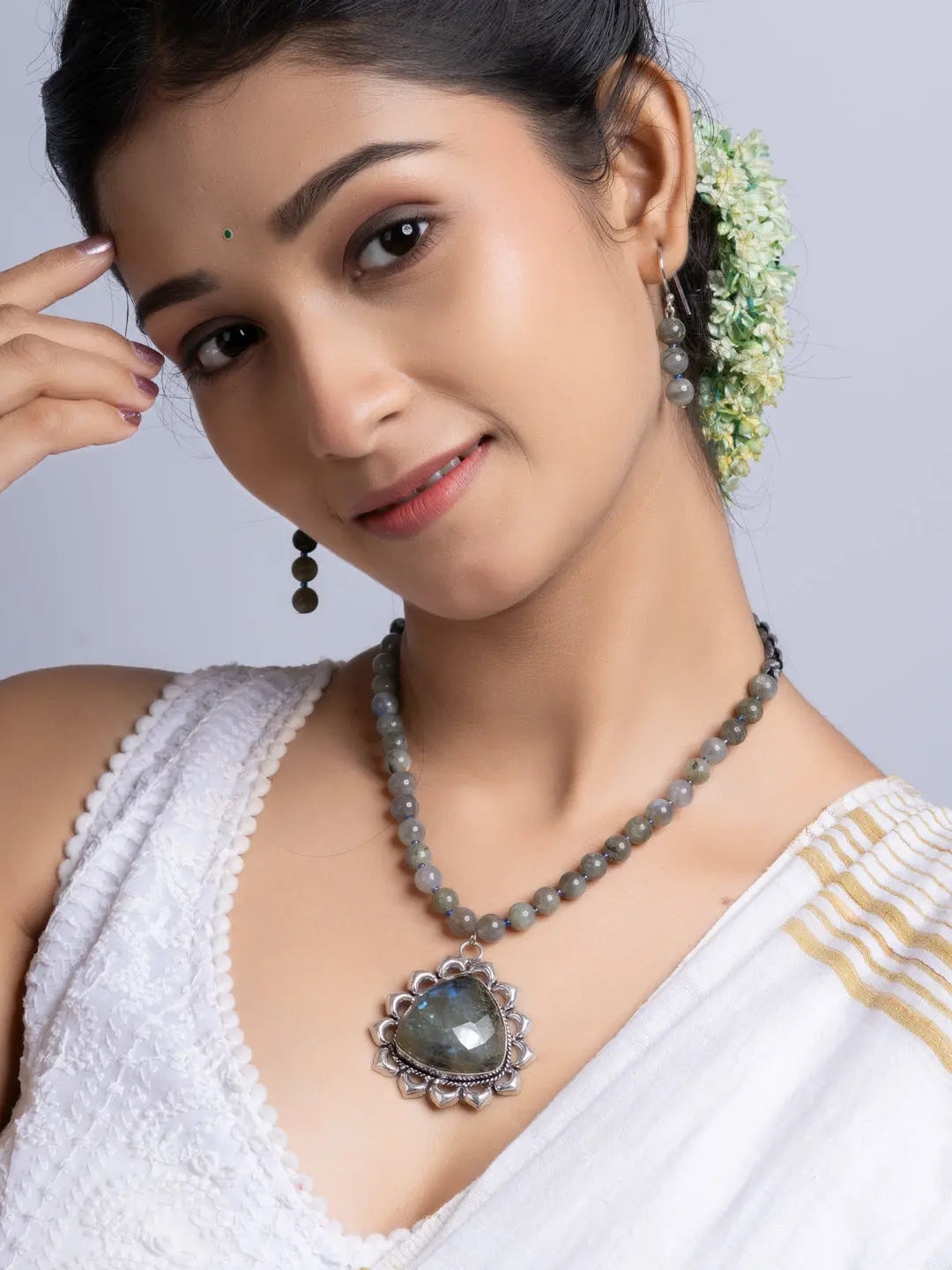 Semi Precious Grey Labradorite Necklace Set With Earrings LOOK AND ADORN - designed for you