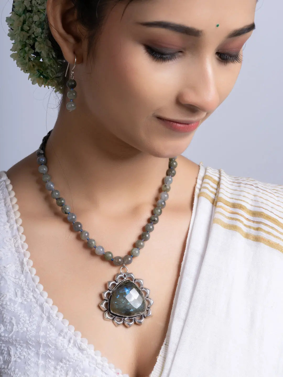 Semi Precious Grey Labradorite Necklace Set With Earrings LOOK AND ADORN - designed for you