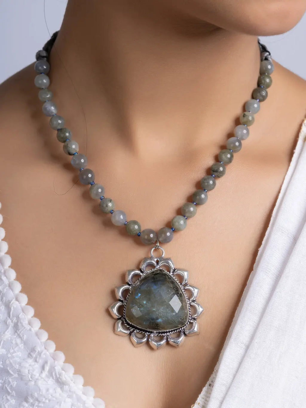 Semi Precious Grey Labradorite Necklace Set With Earrings LOOK AND ADORN - designed for you