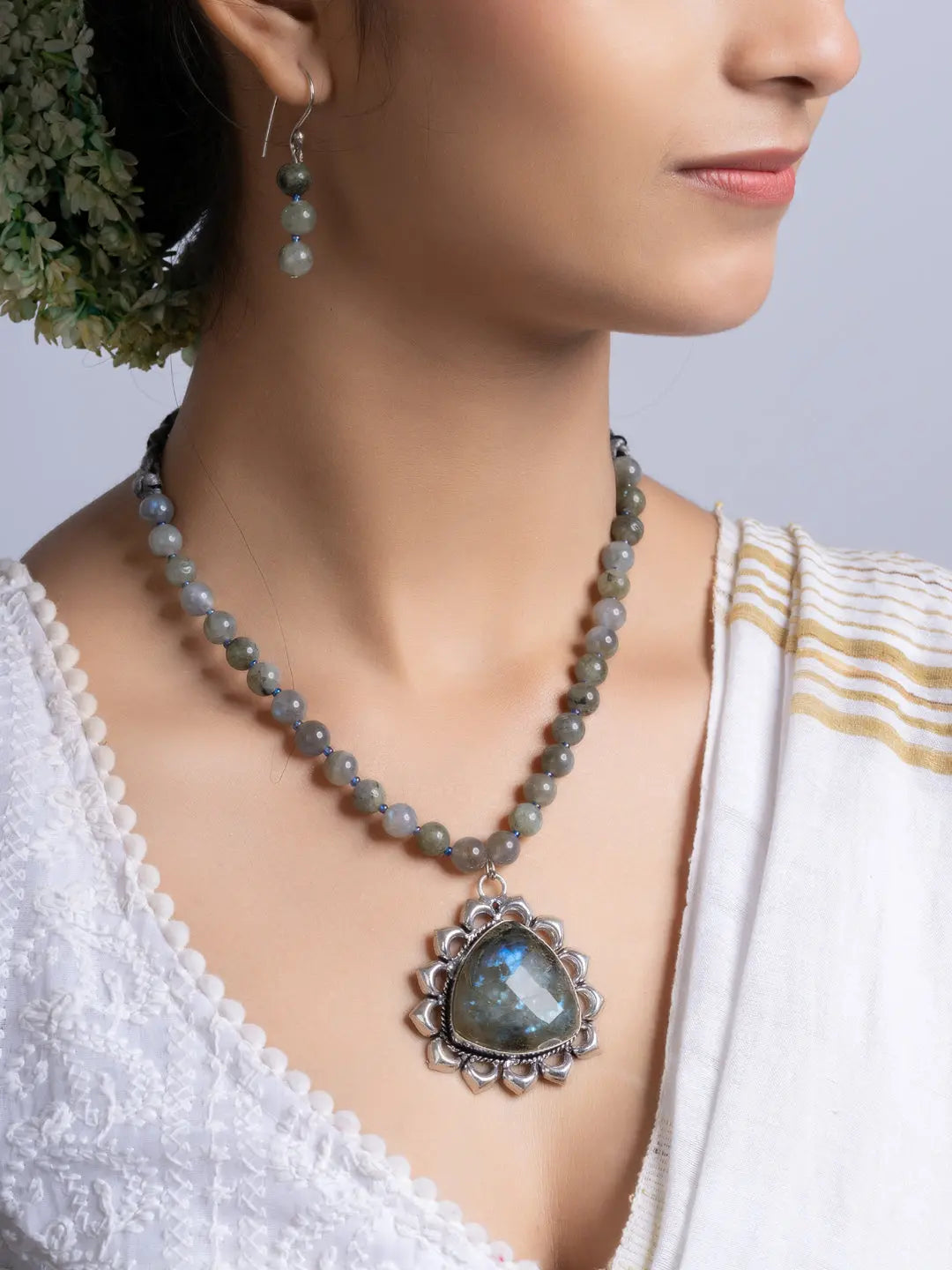 Semi Precious Grey Labradorite Necklace Set With Earrings LOOK AND ADORN - designed for you